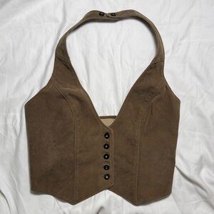 BDG Brown Suede Halter Crop Top with Button Front